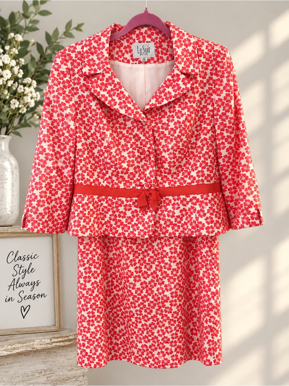 Vintage 90’s Le Suit Petite Linen Blend Floral Skirt Suit - Cottagecore